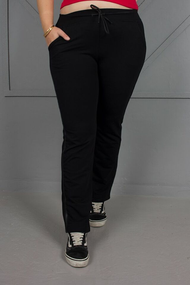 Büyük Beden Yanı Deri Detaylı Eşofman Altı siyah - 48