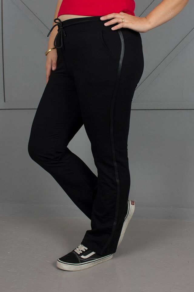 Büyük Beden Yanı Deri Detaylı Eşofman Altı siyah - 48