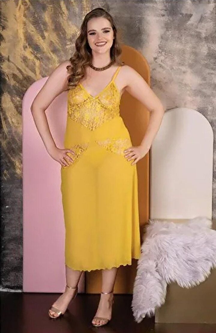 Işıltılı Sarı Uzun Tül Gecelik - Büyük Beden Fantazi İç Giyim