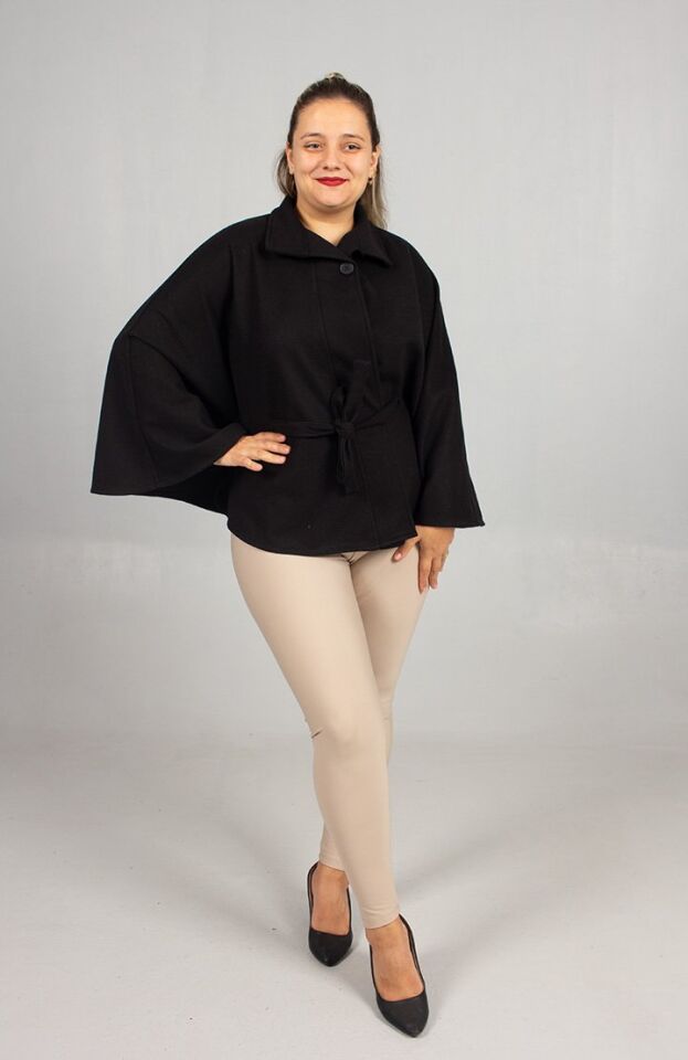 Büyük Beden Kaşe Kemerli Panço Siyah