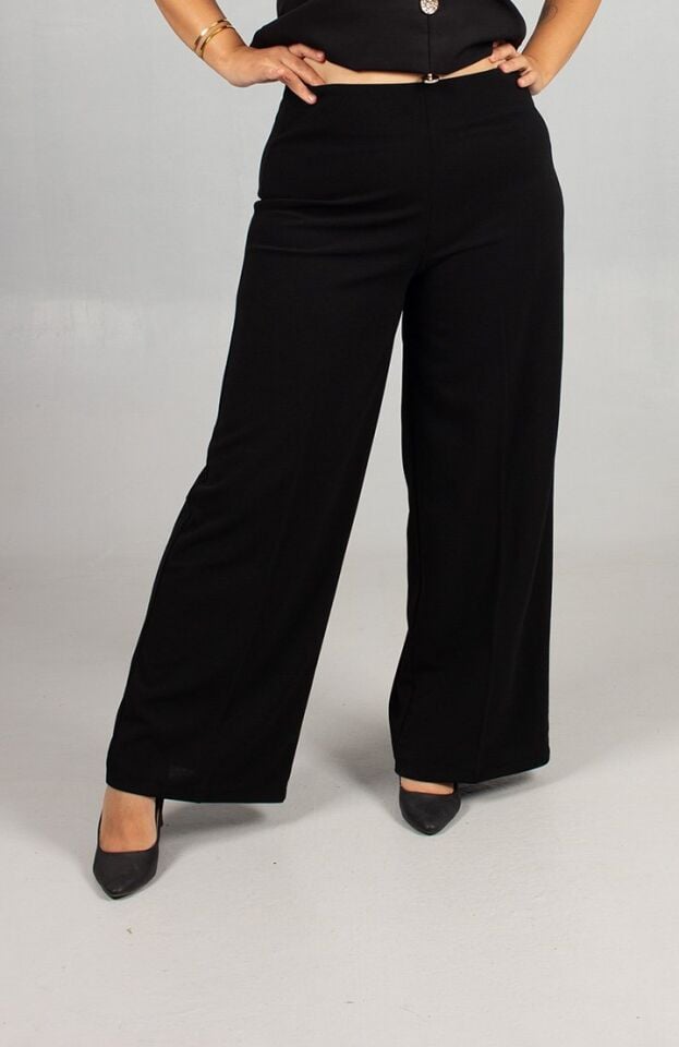 Siyah Full Likralı Krep Palazzo Pantolon Büyük Beden Bol Paça Rahatlığı