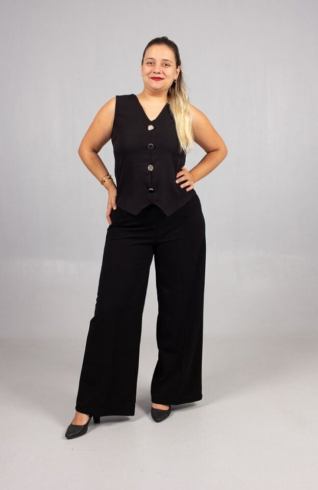 Siyah Full Likralı Krep Palazzo Pantolon Büyük Beden Bol Paça Rahatlığı