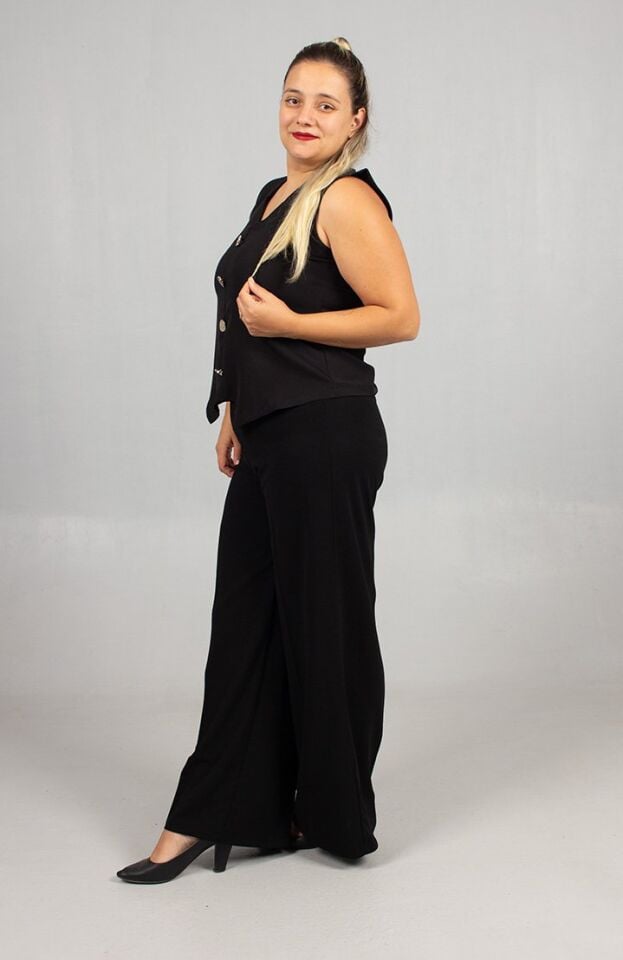 Siyah Full Likralı Krep Palazzo Pantolon Büyük Beden Bol Paça Rahatlığı