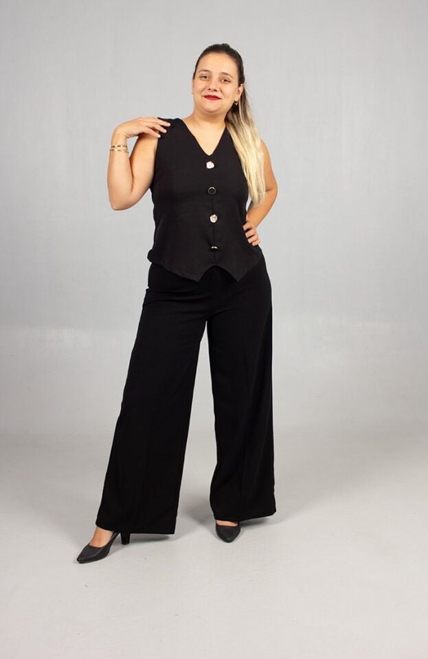 Siyah Full Likralı Krep Palazzo Pantolon Büyük Beden Bol Paça Rahatlığı