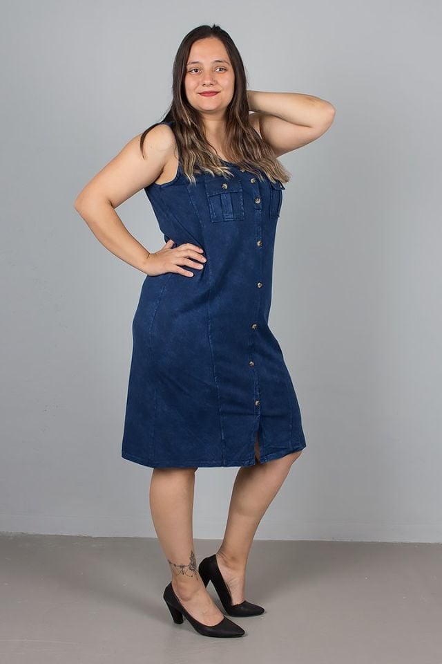 Büyük Beden Kolsuz Düğmeli Pamuklu Lacivert Elbise
