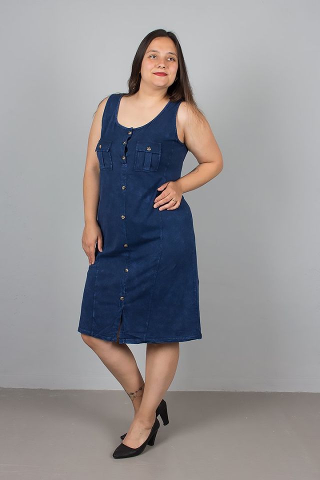 Büyük Beden Kolsuz Düğmeli Pamuklu Lacivert Elbise