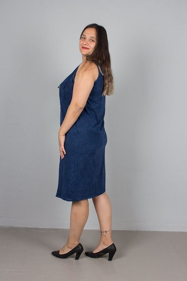 Büyük Beden Kolsuz Düğmeli Pamuklu Lacivert Elbise