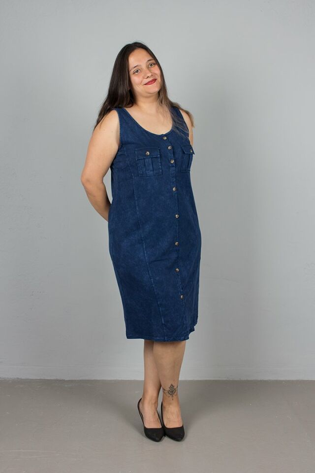 Büyük Beden Kolsuz Düğmeli Pamuklu Lacivert Elbise