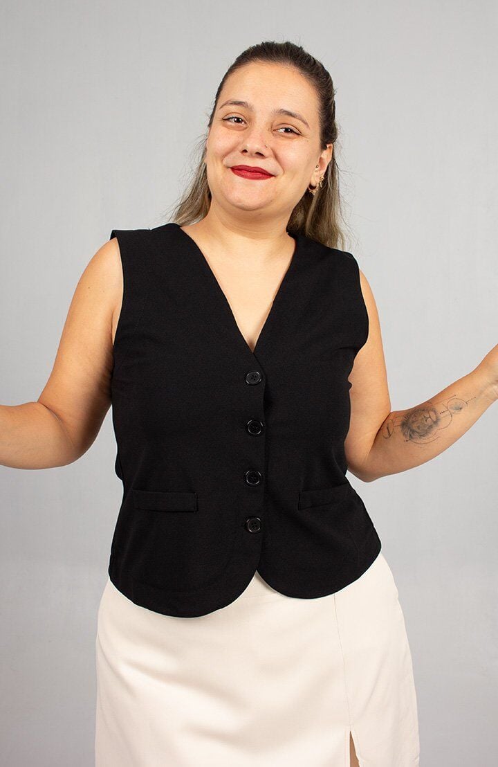 Büyük Beden Siyah Likralı Krep Kolsuz Yelek