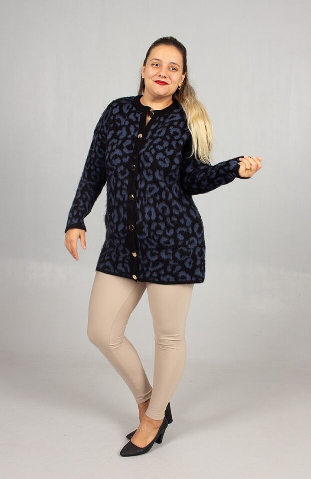 Leopar Desenli Triko Tunik Lacivert Rahat Kalıp Standart (48 Bedene Kadar)