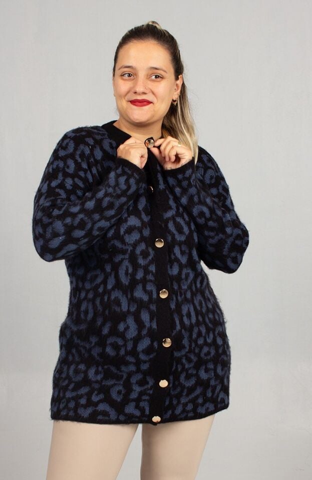 Leopar Desenli Triko Tunik Lacivert Rahat Kalıp Standart (48 Bedene Kadar)