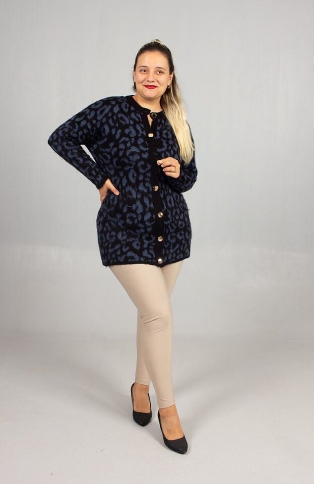 Leopar Desenli Triko Tunik Lacivert Rahat Kalıp Standart (48 Bedene Kadar)