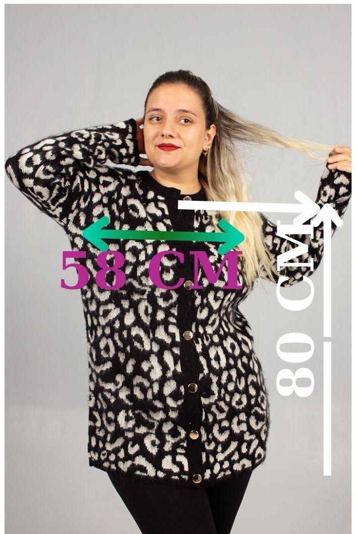 Leopar Desenli Triko Tunik Siyah Rahat Kalıp Standart (48 Bedene Kadar)