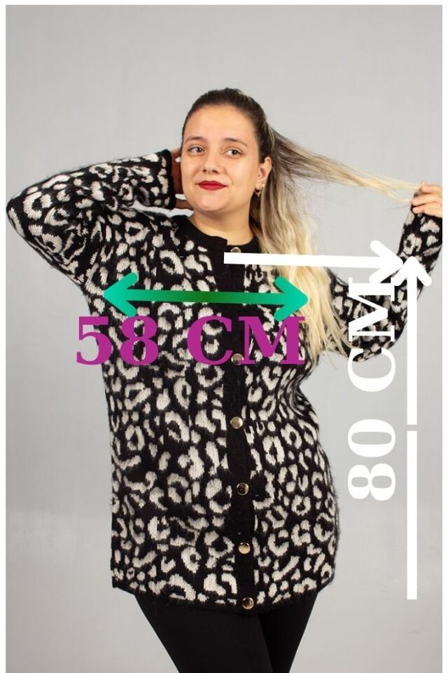 Leopar Desenli Triko Tunik Siyah Rahat Kalıp Standart (48 Bedene Kadar)