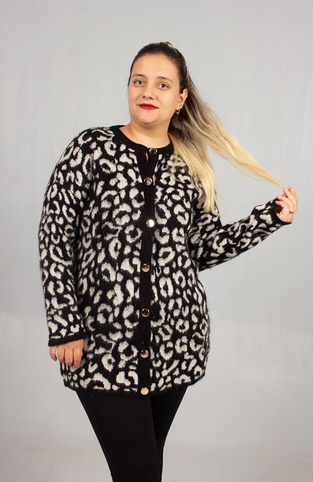Leopar Desenli Triko Tunik Siyah Rahat Kalıp Standart (48 Bedene Kadar)
