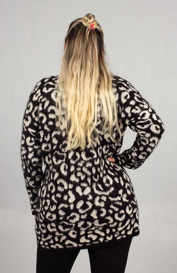 Leopar Desenli Triko Tunik Siyah Rahat Kalıp Standart (48 Bedene Kadar)