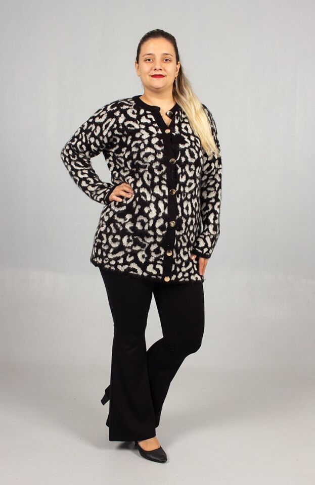 Leopar Desenli Triko Tunik Siyah Rahat Kalıp Standart (48 Bedene Kadar)