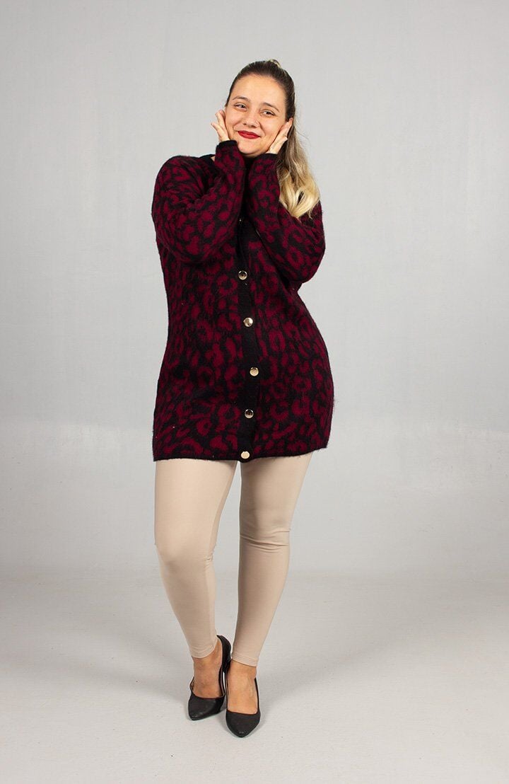 Leopar Desenli Triko Tunik Bordo Rahat Kalıp Standart (48 Bedene Kadar)