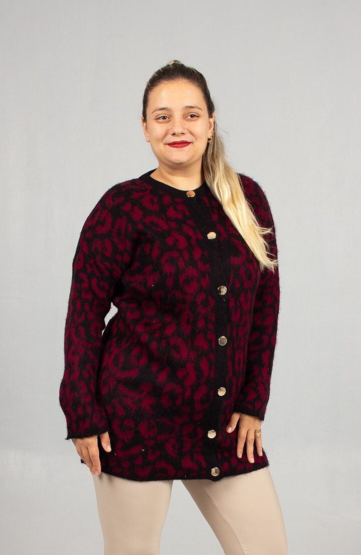 Leopar Desenli Triko Tunik Bordo Rahat Kalıp Standart (48 Bedene Kadar)