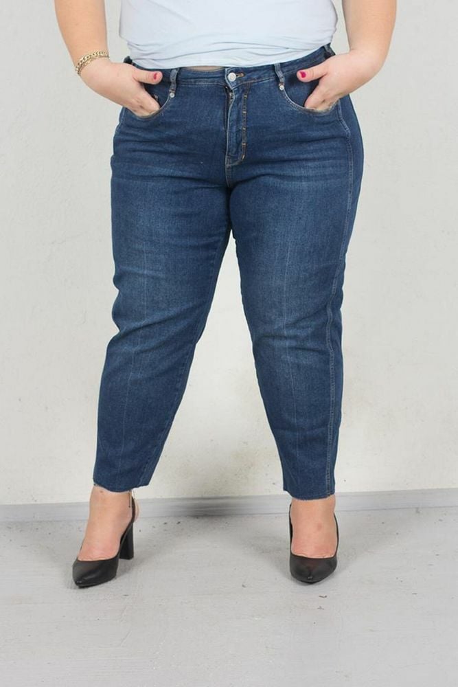 Büyük Beden Kemer Detaylı Mam Jeans Pantolon Mavi Pn320