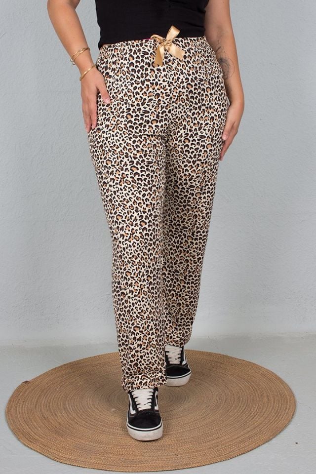 Büyük Beden Penye Yumuşak Paamuklu Pijama Altı Leopar