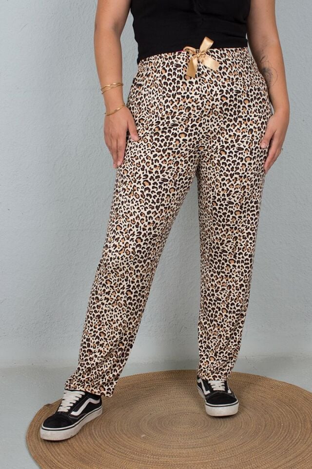 Büyük Beden Penye Yumuşak Paamuklu Pijama Altı Leopar