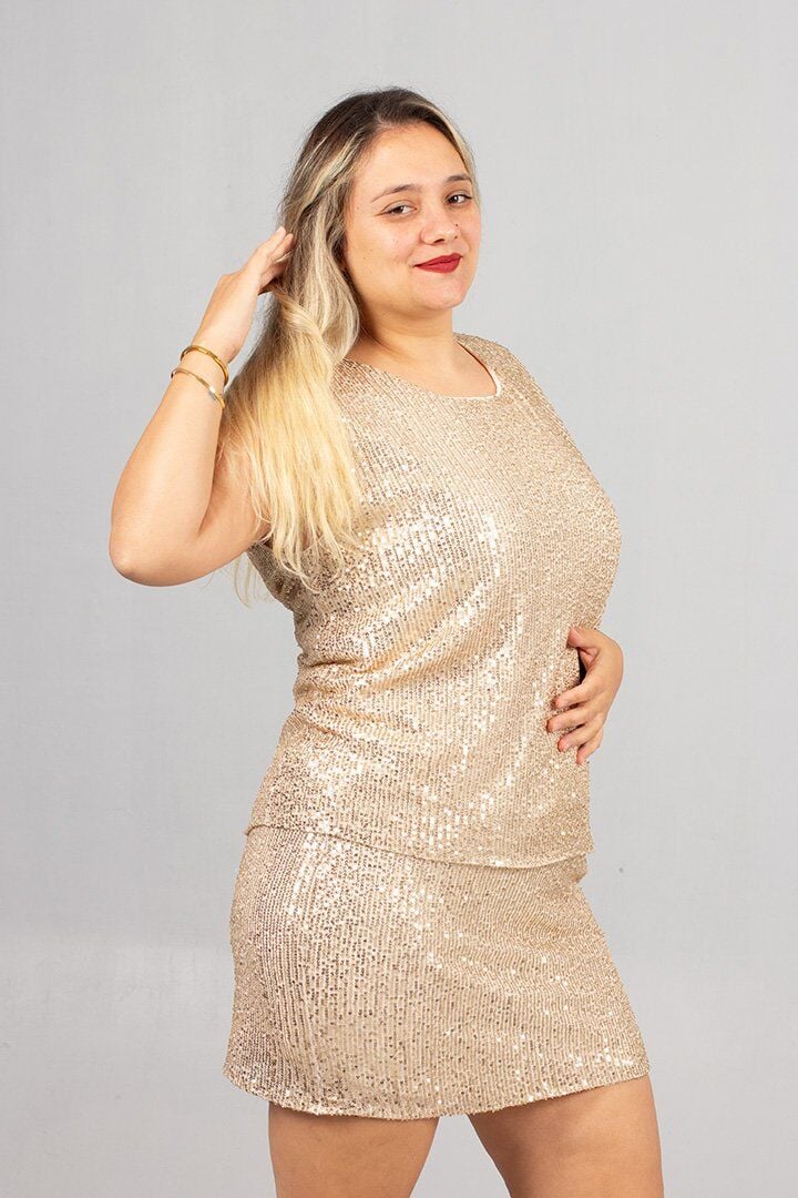 Gold Pul Payet Bluz Etek Takım Işıltılı Şık Kombin