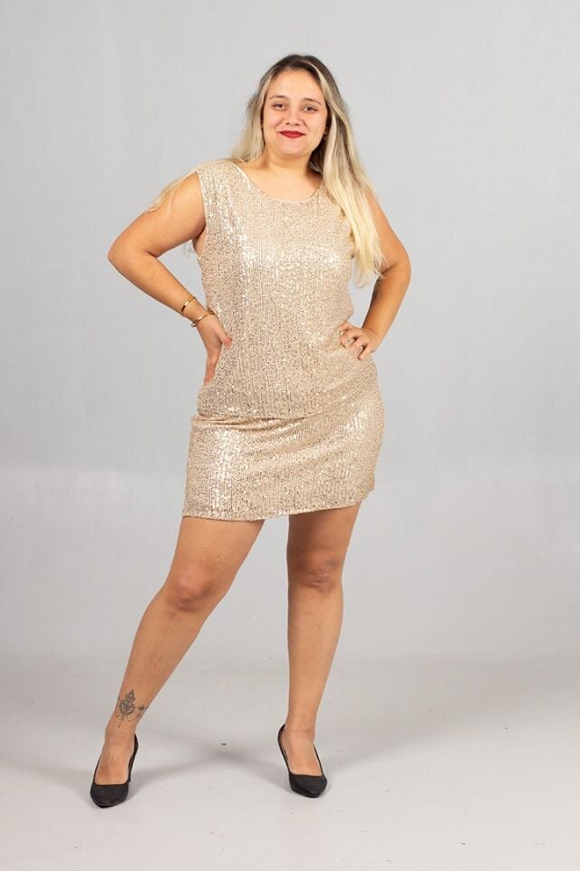 Gold Pul Payet Bluz Etek Takım Işıltılı Şık Kombin