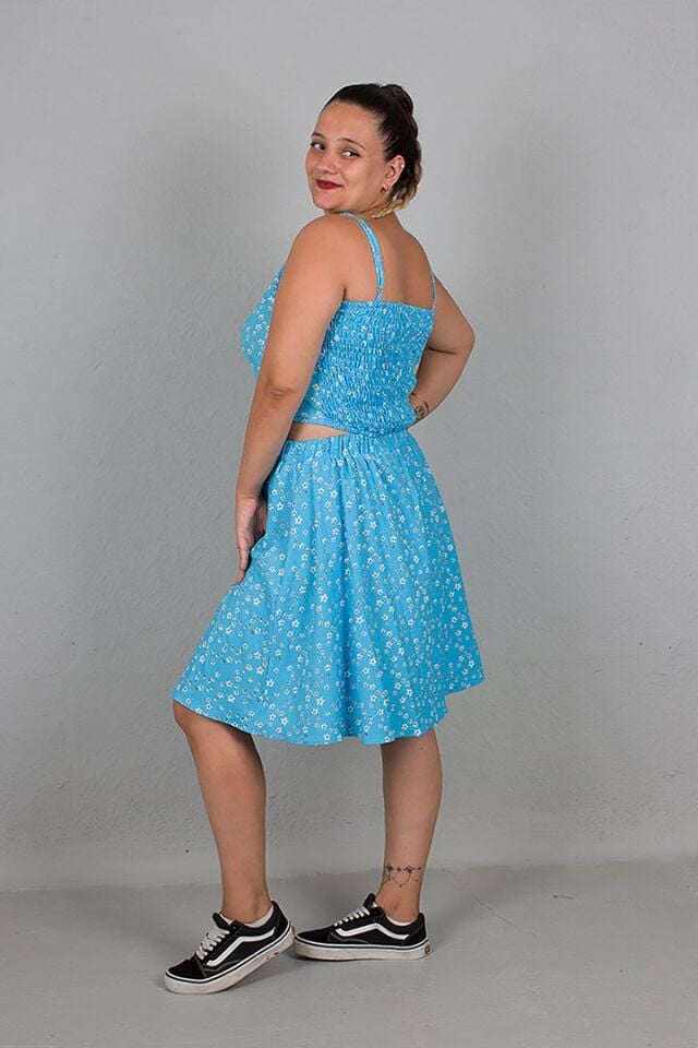 Askılı Crop Üst Etek Mavi İkili Takım Büyük Beden Şıklığı ve Rahatlığı