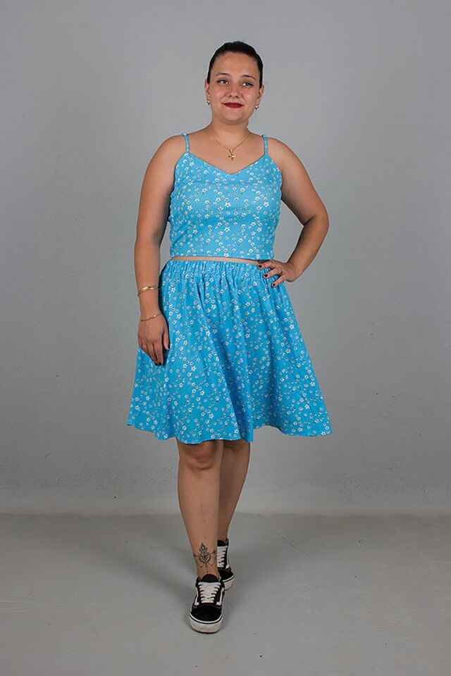 Askılı Crop Üst Etek Mavi İkili Takım Büyük Beden Şıklığı ve Rahatlığı