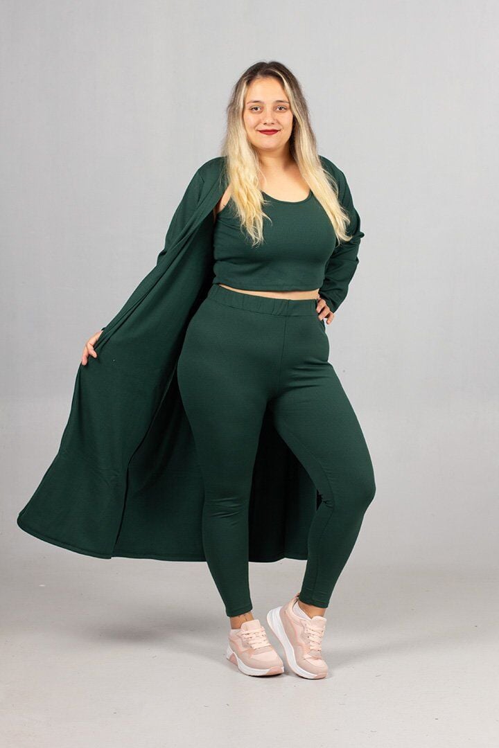 İçi Şardonlu Crop – Tayt – Hırka Üçlü Takım Büyük Beden Sıcak Tutan Kış Kombini