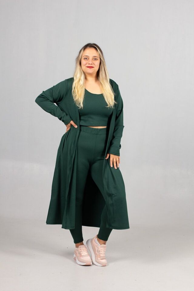 İçi Şardonlu Crop – Tayt – Hırka Üçlü Takım Büyük Beden Sıcak Tutan Kış Kombini