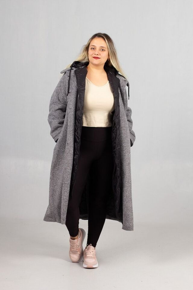 Gri Kaşe Kaban – İçi Kapitone, Kapşonlu ve Çıkarılabilir Kapüşon