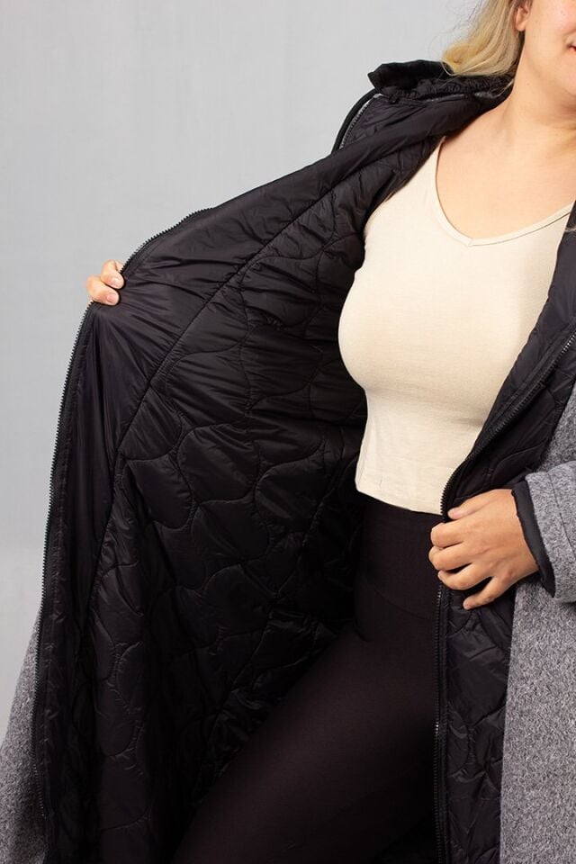 Gri Kaşe Kaban – İçi Kapitone, Kapşonlu ve Çıkarılabilir Kapüşon