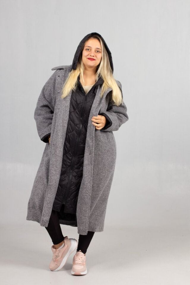 Gri Kaşe Kaban – İçi Kapitone, Kapşonlu ve Çıkarılabilir Kapüşon