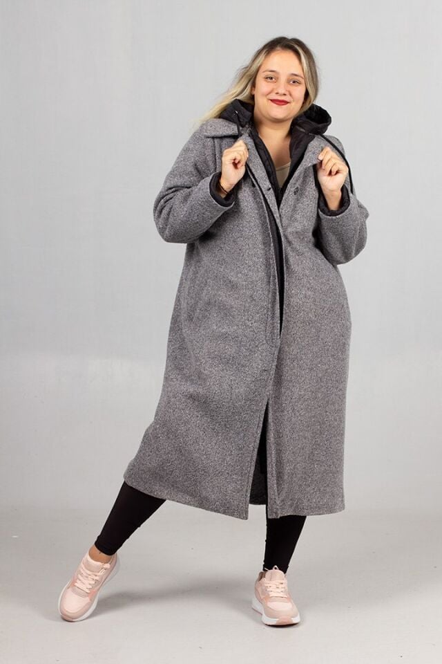 Gri Kaşe Kaban – İçi Kapitone, Kapşonlu ve Çıkarılabilir Kapüşon