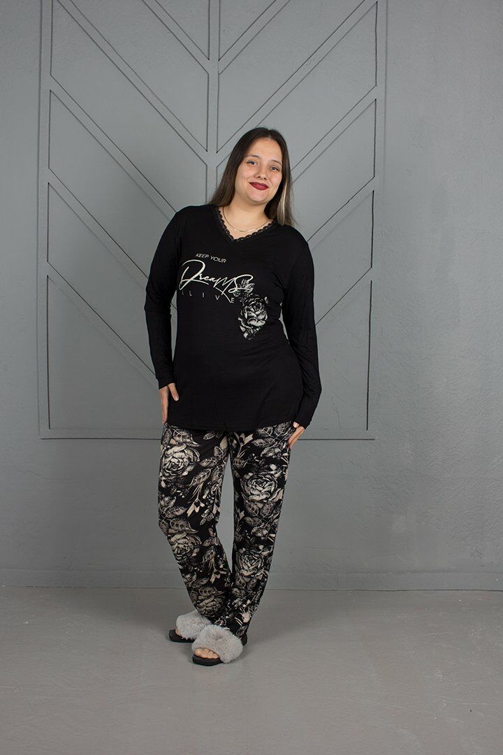 Büyük Beden V Yaka Alt Desenli Pijama Takım siyah - 44-46