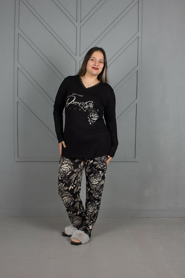 Büyük Beden V Yaka Alt Desenli Pijama Takım siyah - 44-46