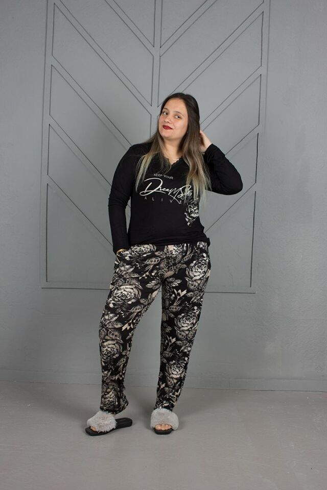Büyük Beden V Yaka Alt Desenli Pijama Takım siyah - 44-46