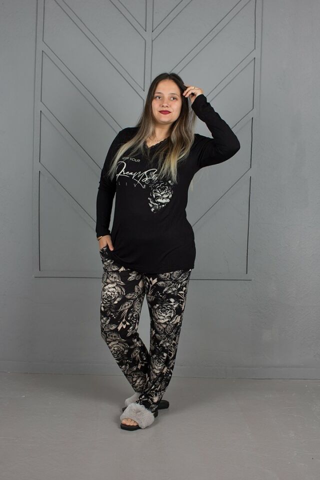 Büyük Beden V Yaka Alt Desenli Pijama Takım siyah - 44-46