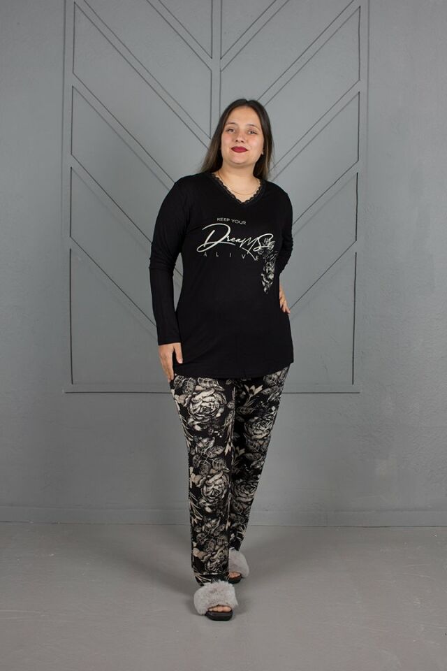 Büyük Beden V Yaka Alt Desenli Pijama Takım siyah - 44-46