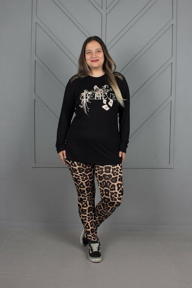 Kadın Giyim alt Leopar Omuz dantel Pijama Takım