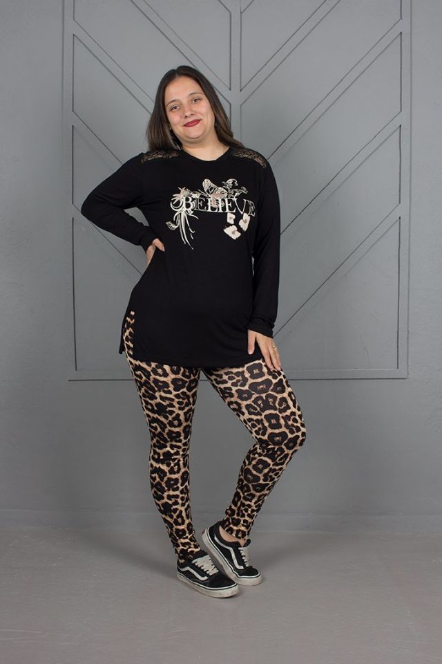 Kadın Giyim alt Leopar Omuz dantel Pijama Takım siyah - L
