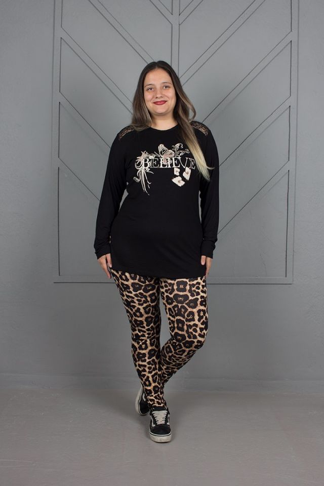 Kadın Giyim alt Leopar Omuz dantel Pijama Takım siyah - L