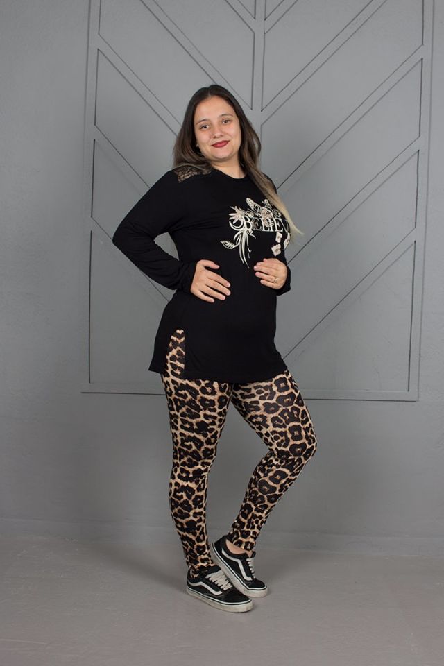 Kadın Giyim alt Leopar Omuz dantel Pijama Takım siyah - L