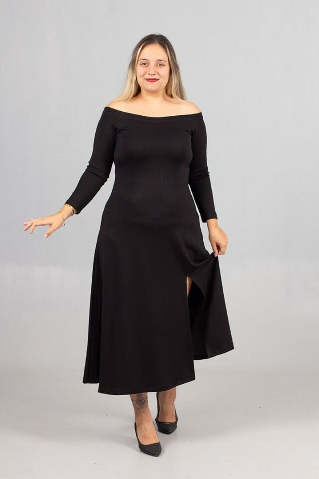 Esnek Modal Kumaşlı Siyah Büyük Beden Madonna Yaka Elbise