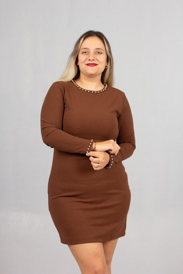 Büyük Beden Kahverengi İncili Krep Kadın Elbise