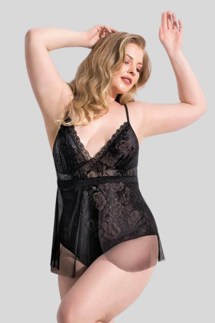 Büyük Beden Dantel Body Suit Siyah