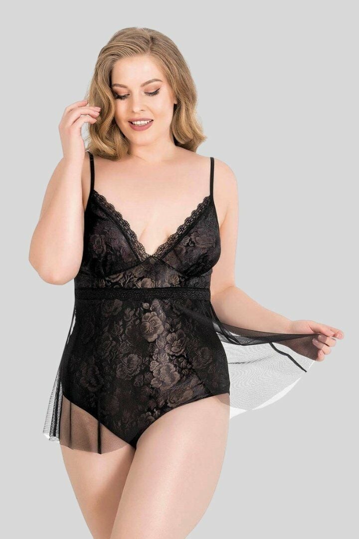 Büyük Beden Dantel Body Suit Siyah