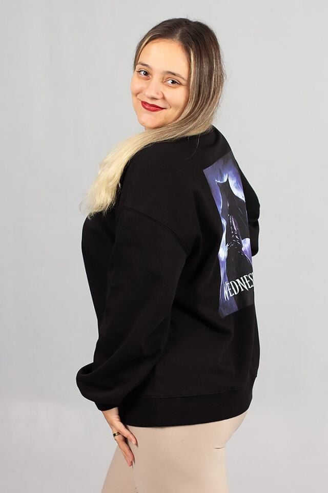 Arka Baskılı İçi Şardonlu Kapşonsuz Siyah 2 İplik Sweat
